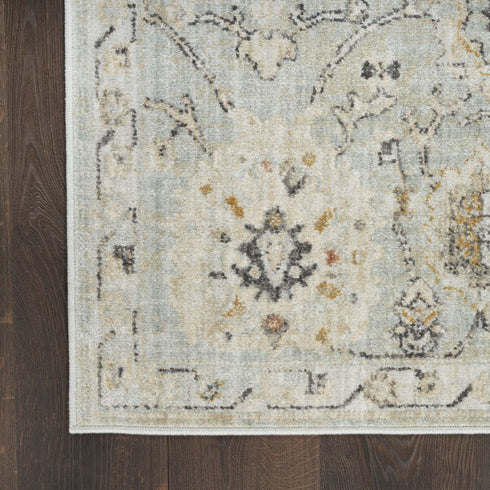 8' Black Mint Green And Ivory Floral Distressed Runner Rug