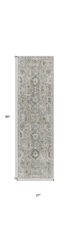 8' Black Mint Green And Ivory Floral Distressed Runner Rug