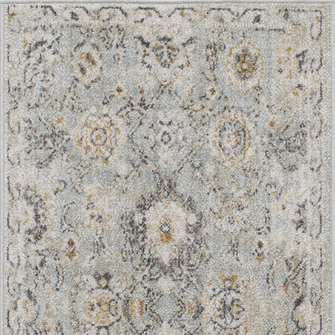 8' Black Mint Green And Ivory Floral Distressed Runner Rug