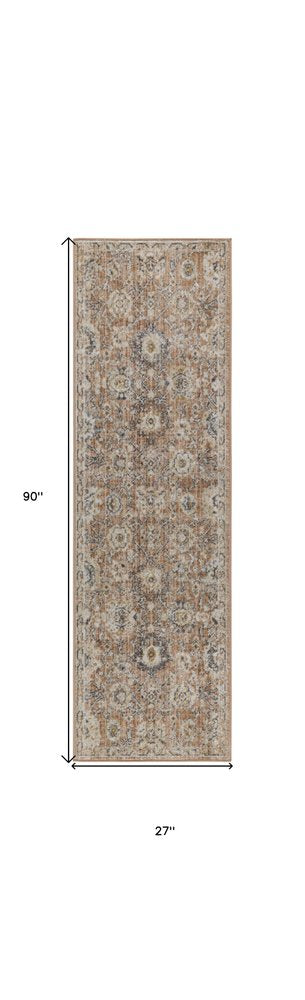 8' Rust Green And Black Floral Distressed Runner Rug