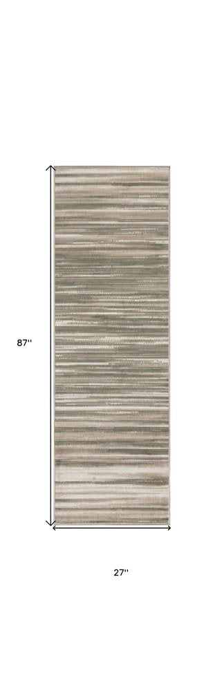 7' Ivory Green and Gray Striped Runner Rug