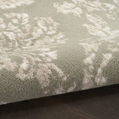 7' Olive Green and Ivory Damask Distressed Runner Rug
