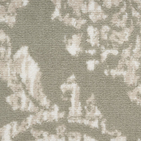 7' Olive Green and Ivory Damask Distressed Runner Rug