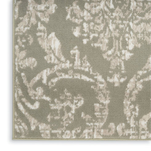 7' Olive Green and Ivory Damask Distressed Runner Rug