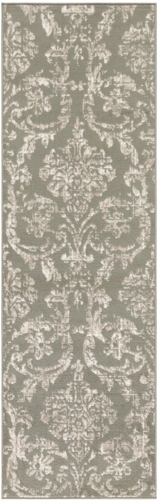 7' Olive Green and Ivory Damask Distressed Runner Rug