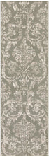 7' Olive Green and Ivory Damask Distressed Runner Rug