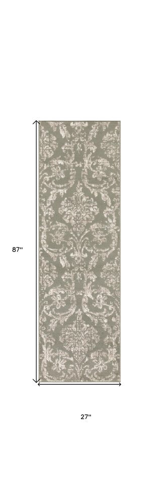 7' Olive Green and Ivory Damask Distressed Runner Rug