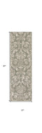 7' Olive Green and Ivory Damask Distressed Runner Rug