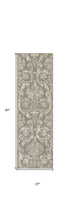 7' Olive Green and Ivory Damask Distressed Runner Rug