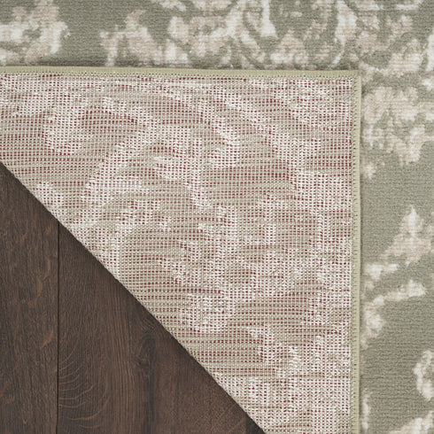 7' Olive Green and Ivory Damask Distressed Runner Rug
