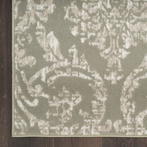 7' Olive Green and Ivory Damask Distressed Runner Rug