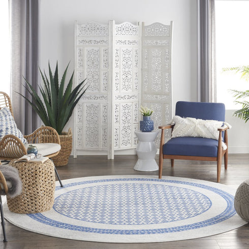 8' X 12' Ivory and Blue Geometric Distressed Non Skid Area Rug