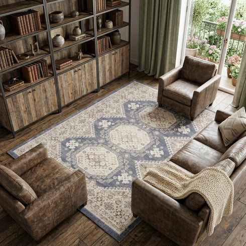 9' X 12' Blue Geometric Distressed Area Rug