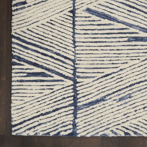8' X 12' Blue And White Wool Geometric Area Rug