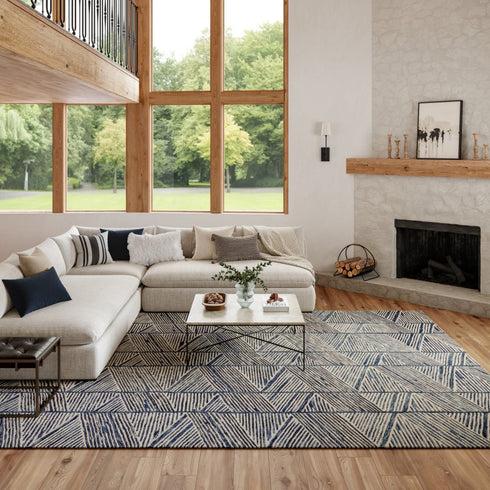 8' X 12' Blue And White Wool Geometric Area Rug