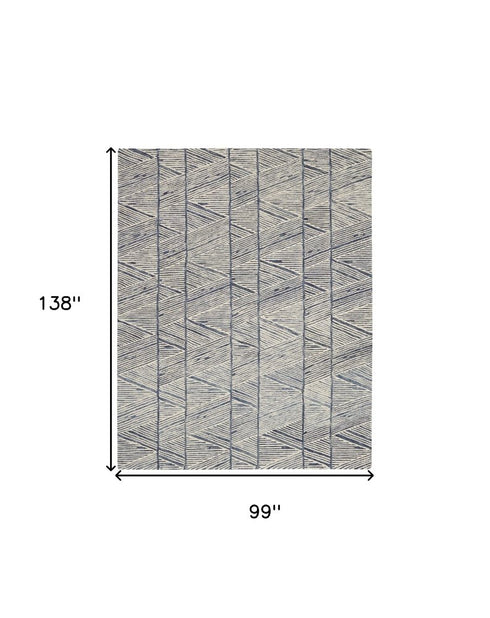 8' X 12' Blue And White Wool Geometric Area Rug