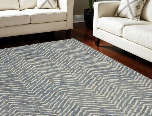 8' X 12' Indigo and Ivory Wool Chevron Area Rug