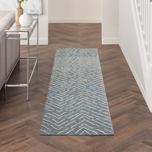 8' Indigo and Ivory Wool Chevron Runner Rug