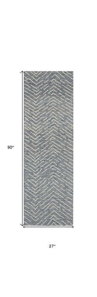 8' Indigo and Ivory Wool Chevron Runner Rug