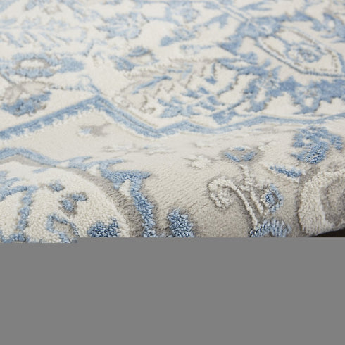 8' Ivory Blue and Gray Floral Non Skid Runner Rug