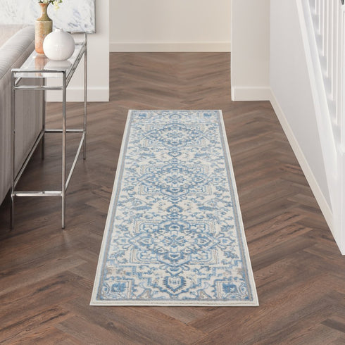 8' Ivory Blue and Gray Floral Non Skid Runner Rug