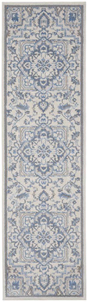 8' Ivory Blue and Gray Floral Non Skid Runner Rug