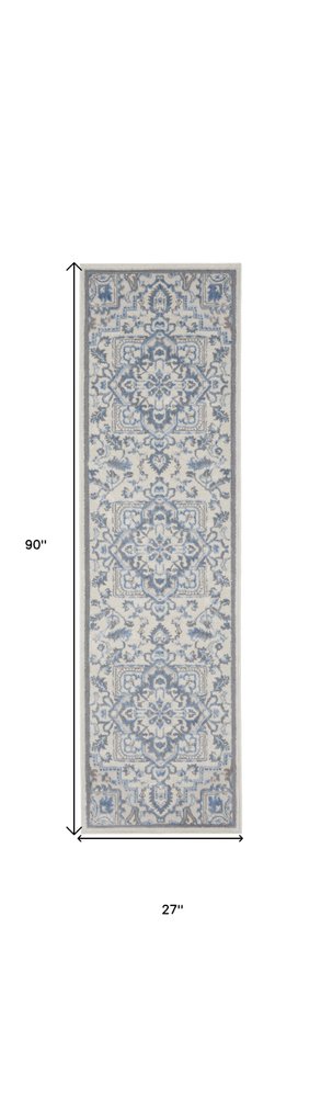 8' Ivory Blue and Gray Floral Non Skid Runner Rug