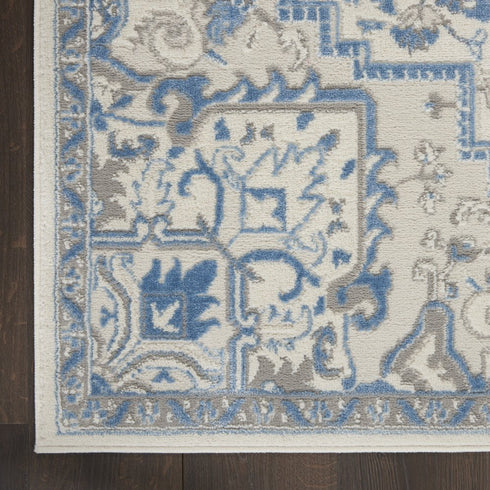 8' Ivory Blue and Gray Floral Non Skid Runner Rug