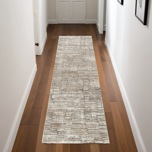 8' Brown and Ivory Abstract Runner Rug