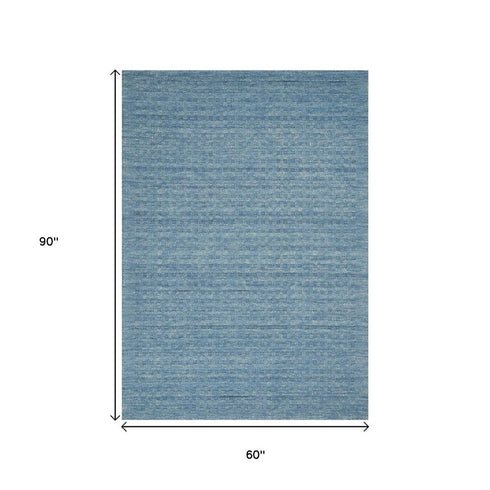 5' X 8' Blue Wool Shag Handmade Area Rug