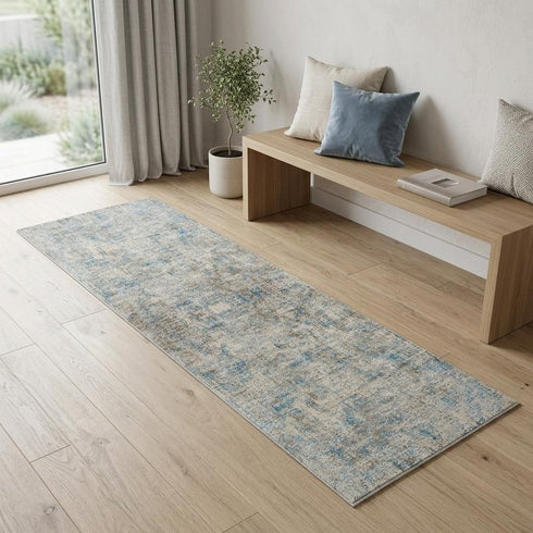 6' Blue And Ivory Abstract Runner Rug