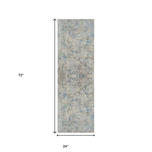 6' Blue And Ivory Abstract Runner Rug
