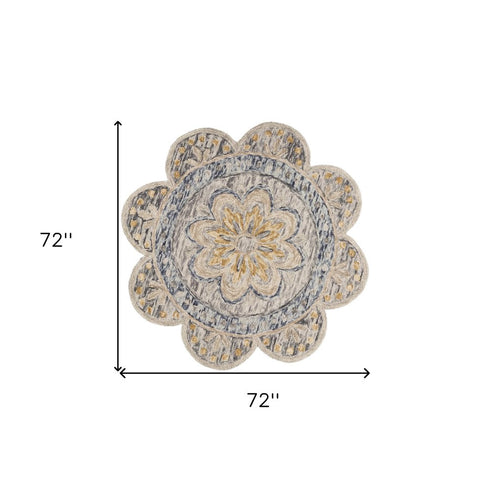 6' Beige Round Wool Floral Hand Tufted Area Rug