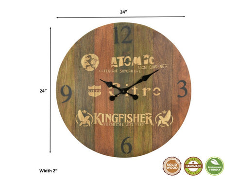 24" Brown Solid Wood Silent Analog Round Wall Clock