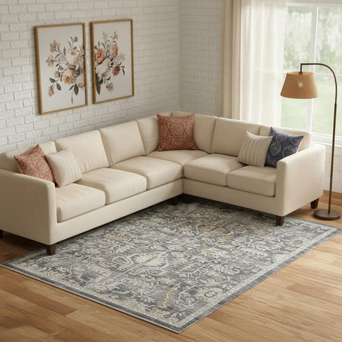9' X 11' Gray And Beige Floral Area Rug