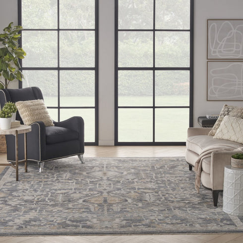 9' X 11' Gray And Beige Floral Area Rug