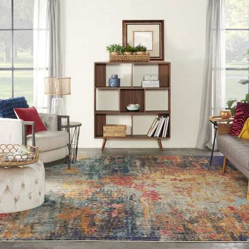 9' X 12' Navy Blue Red and Orange Abstract Non Skid Area Rug