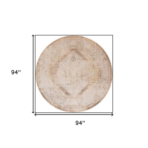 8' Beige And Ivory Floral Medallion Round Rug