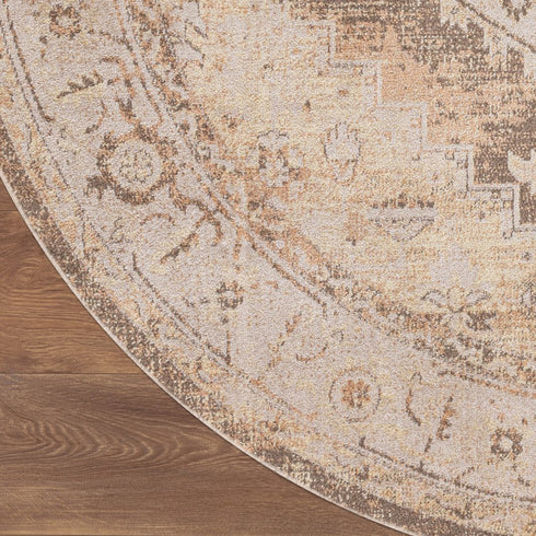 8' Beige And Ivory Floral Medallion Round Rug
