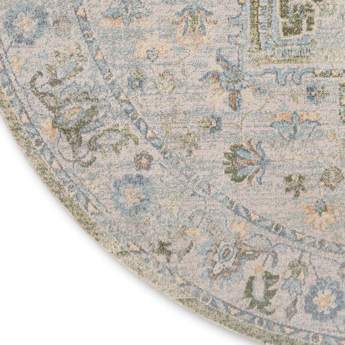 8' Beige And Green Floral Medallion Round Rug