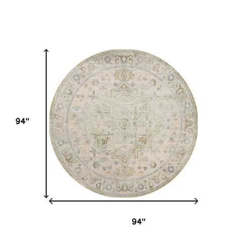 8' Beige And Green Floral Medallion Round Rug
