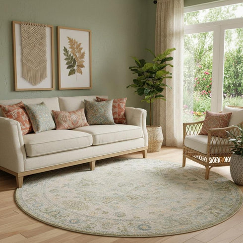 8' Beige And Green Floral Medallion Round Rug