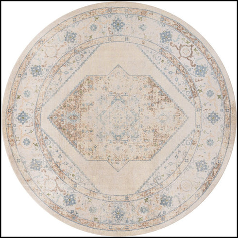 8' Beige And Bronze Floral Medallion Round Rug