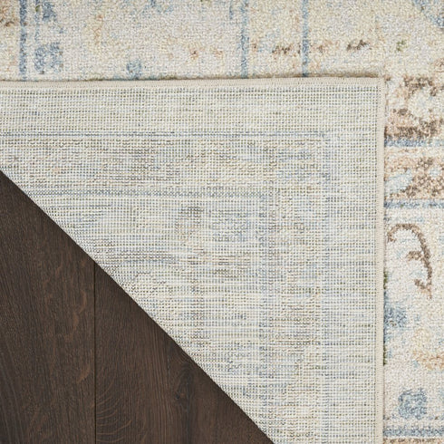 8' Ivory Blue And Brown Geometric Runner Rug