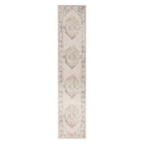 8' Ivory Blue And Brown Geometric Runner Rug