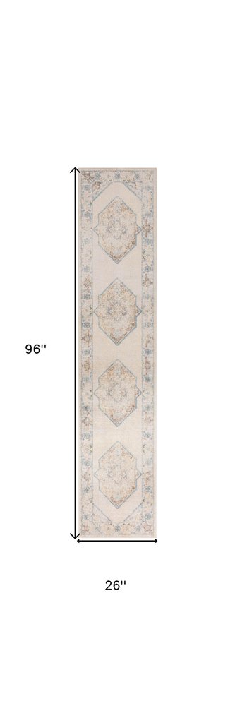 8' Ivory Blue And Brown Geometric Runner Rug