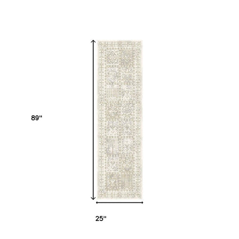 8' Ivory Oriental Distressed Runner Rug With Fringe
