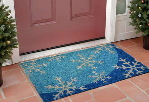 18" X 30" Blue and White Coir Snowflake Outdoor Winter Door Mat