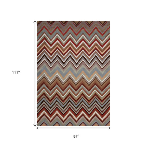 7' X 9' Red White and Brown Chevron Area Rug