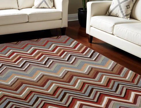 8' X 11' Red White and Brown Chevron Area Rug